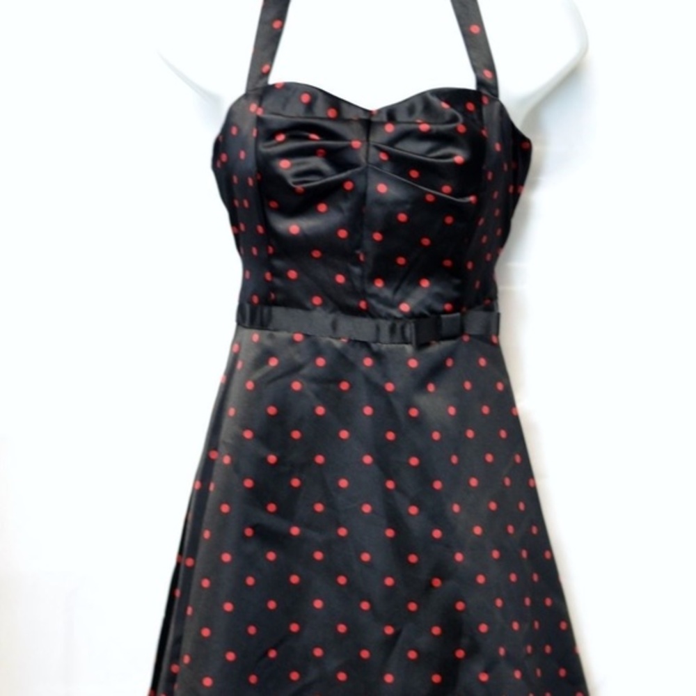 Rockabilly party Dress with crinoline Black Satin Red polka dots sleeveless Fun